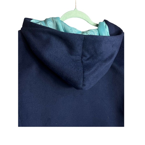 Chico's Hooded Coat, Faux-Wool Winter Mid Jacket | Size 2 (Large) | Navy Blue - Picture 7 of 10
